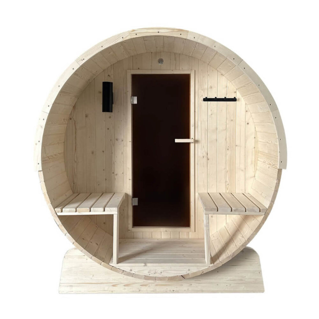 Aleko 8-Person Indoor Outdoor White Finland Pine Wet Dry Barrel Sauna With 8KW UL Certified KIP Harvia Heater [SB8PINECP-AP] (SAK64523) - Saksby Wholesale - Inside Front View