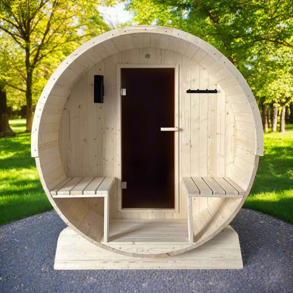 Aleko 8-Person Indoor Outdoor White Finland Pine Wet Dry Barrel Sauna With 8KW UL Certified KIP Harvia Heater [SB8PINECP-AP] (SAK64523) - Saksby Wholesale -Lifestyle Image