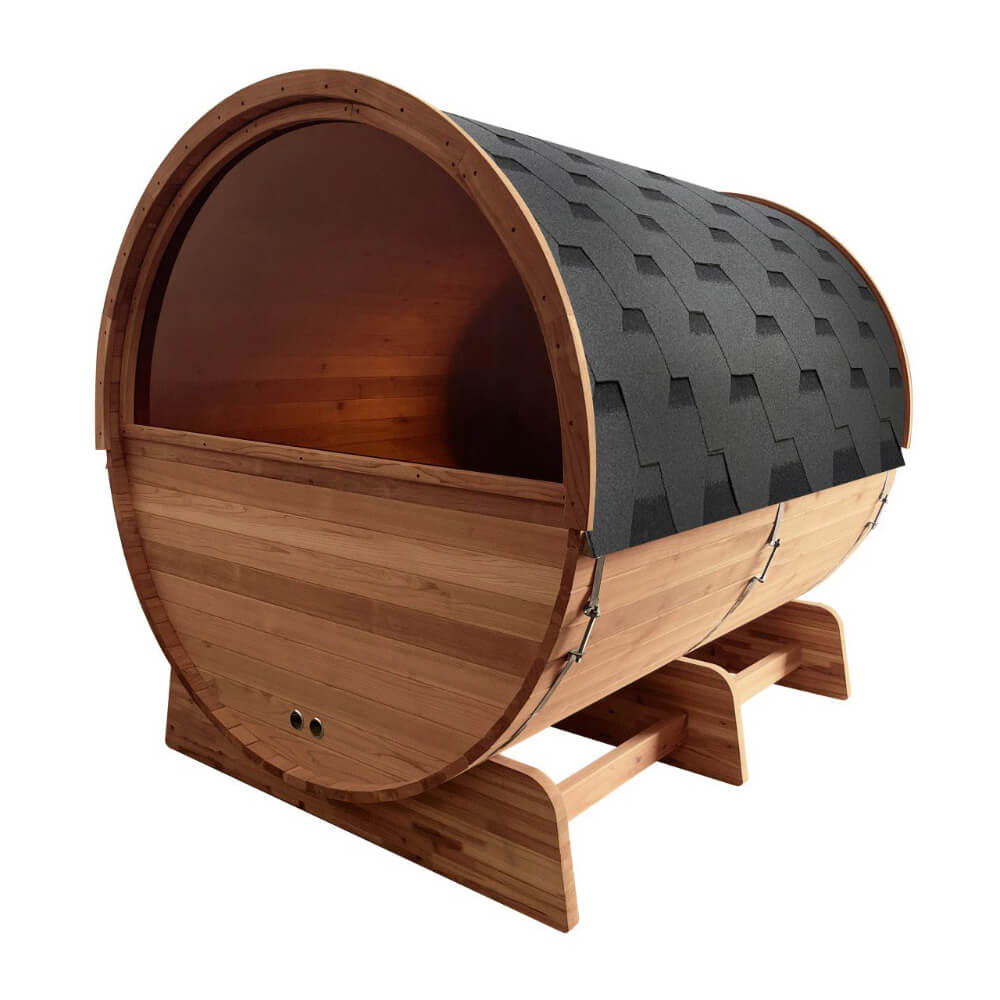 Aleko 8-Person Red Cedar Barrel Sauna With Panoramic Window & 8KW UL Certified KIP Harvia Heater [SB8CEDAR-AP] (SAK57194) - Sasksby Wholesale - Back View