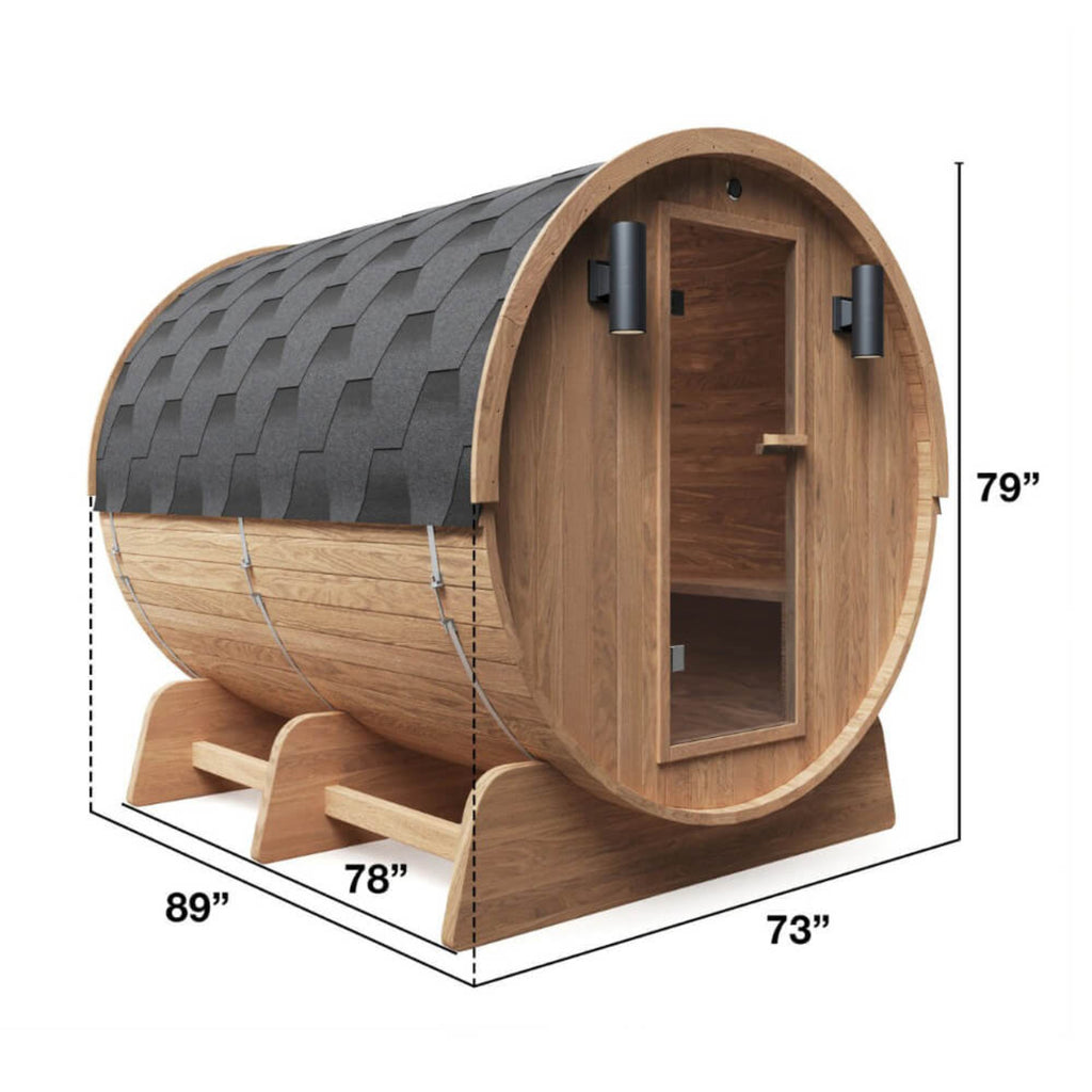 Aleko 8-Person Red Cedar Barrel Sauna With Panoramic Window & 8KW UL Certified KIP Harvia Heater [SB8CEDAR-AP] (SAK57194) - Sasksby Wholesale - Dimensions View