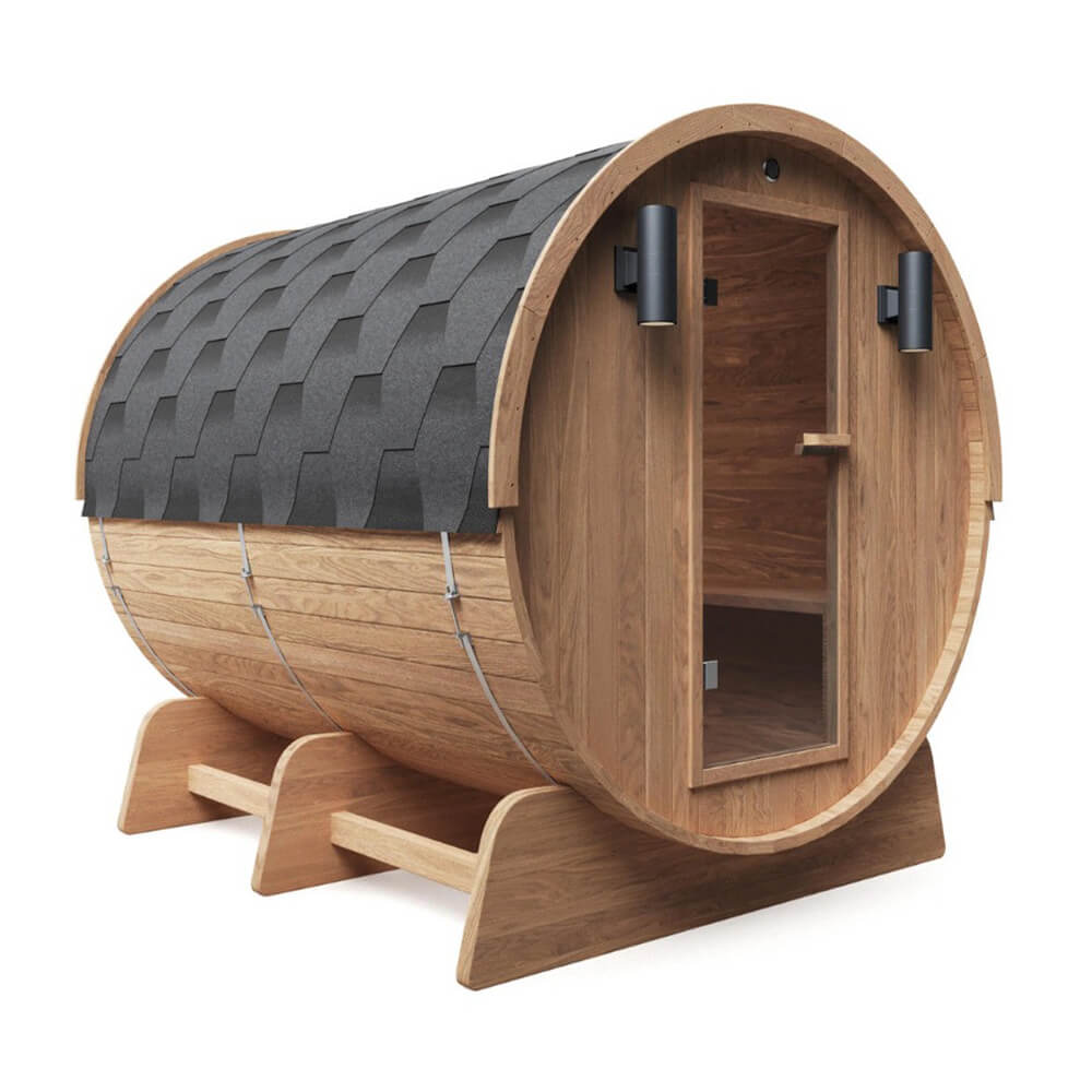 Aleko 8-Person Red Cedar Barrel Sauna With Panoramic Window & 8KW UL Certified KIP Harvia Heater [SB8CEDAR-AP] (SAK57194) - Sasksby Wholesale - Front Right View