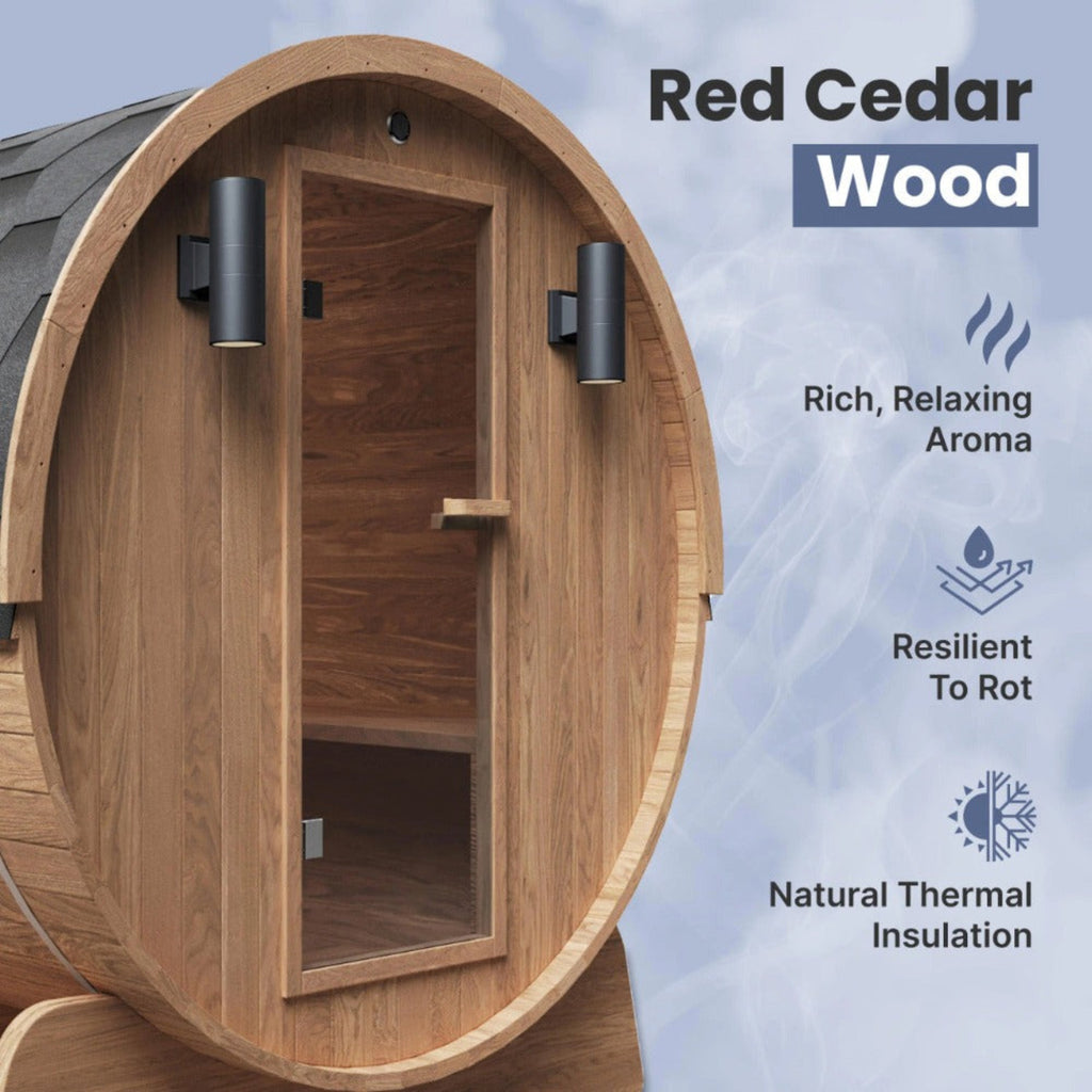 Aleko 8-Person Red Cedar Barrel Sauna With Panoramic Window & 8KW UL Certified KIP Harvia Heater [SB8CEDAR-AP] (SAK57194) - Sasksby Wholesale - Wood Features View