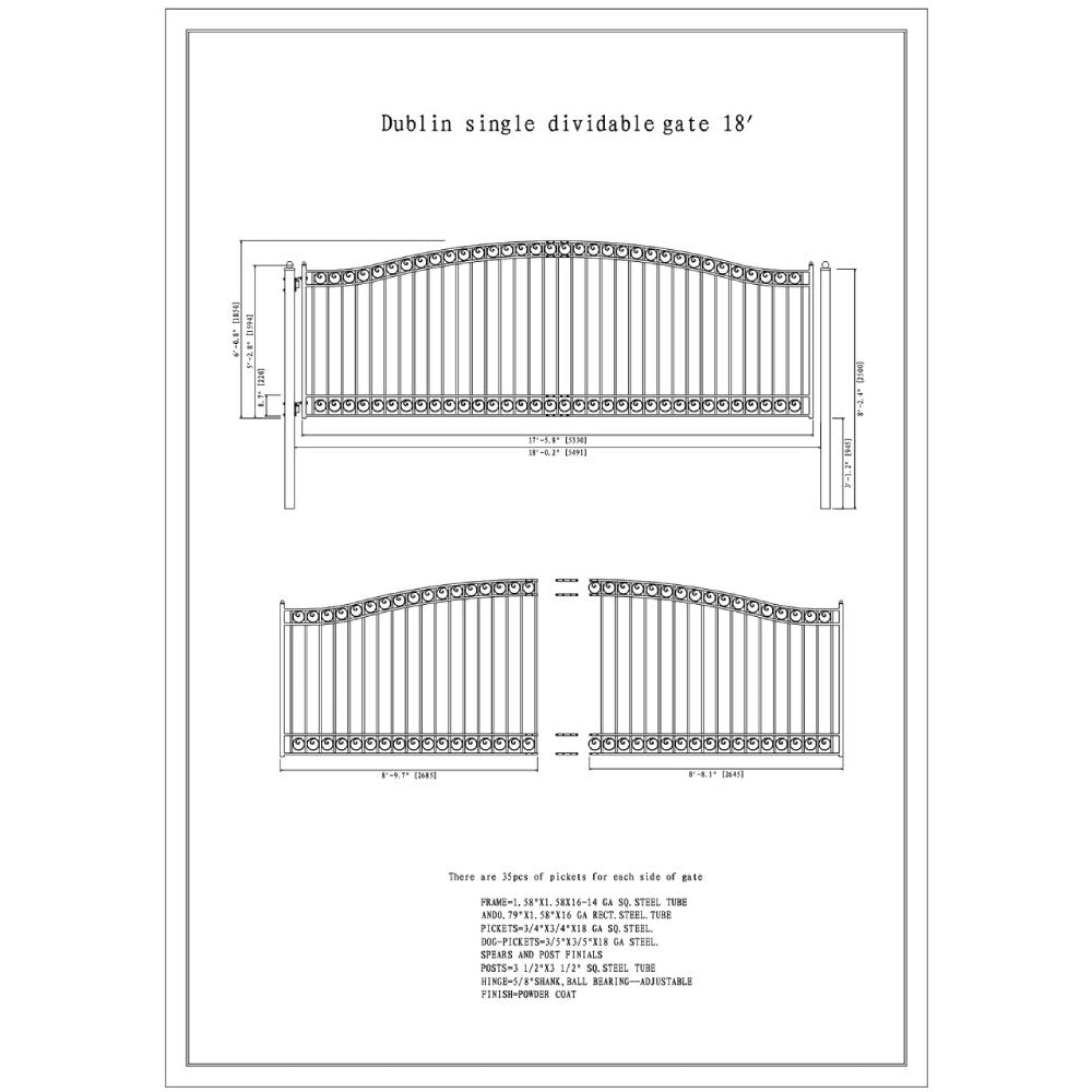 [12-18FT] Aleko Dublin Style Heavy Duty Galvanized Steel Single Swing Driveway Gate (SAK35978)