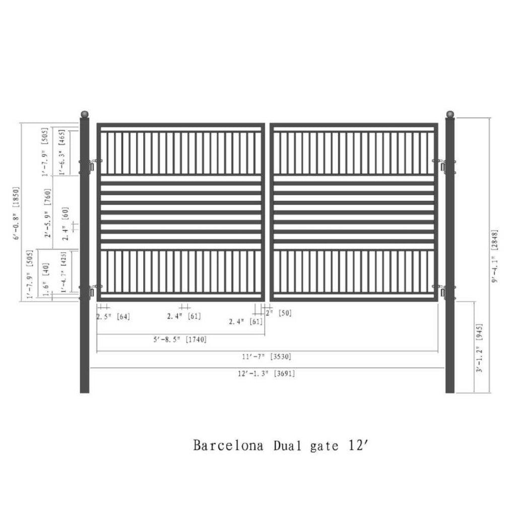 [12-18FT] Barcelona Powder Coated Steel Galvanized Dual Swing Driveway Gate [DGBARCD-AP] (SAK25978) - Saksby Wholesale - 12ft Dimensions