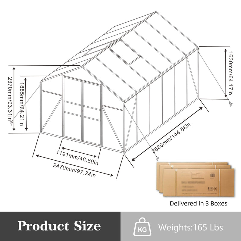 [08X12FT] All Season Outdoor Backyard Polycarbonate Greenhouse With Raised Base And Aluminum Frame (SAK78614) - Saksby Wholesale - Dimension View