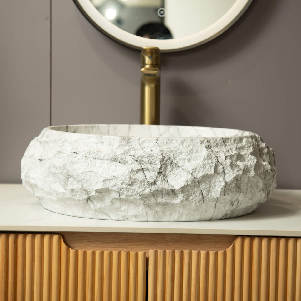 Alora 18-Inch Ivory Oval Bathroom Resin Vessel Basin Sink With Stone Pattern (SAK79130) - Saksby Wholesale - Bathroom Front View