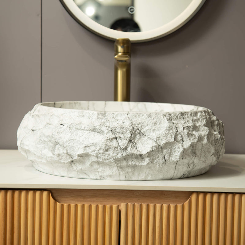 Alora 18-Inch Ivory Oval Bathroom Resin Vessel Basin Sink With Stone Pattern (SAK79130) - Saksby Wholesale - Bathroom Front View