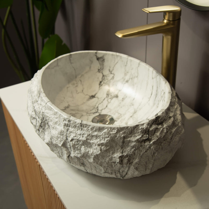 Alora 18-Inch Ivory Oval Bathroom Resin Vessel Basin Sink With Stone Pattern (SAK79130) - Saksby Wholesale - Top Left View