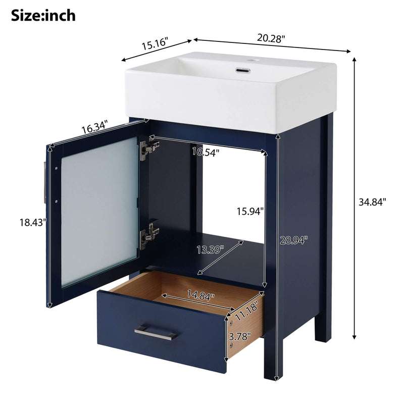 Alora 20-Inch Modern Blue Bathroom Vanity With Ceramic Sink And Storage Cabinet (SAK39851) - Saksby Wholesale - Dimensions