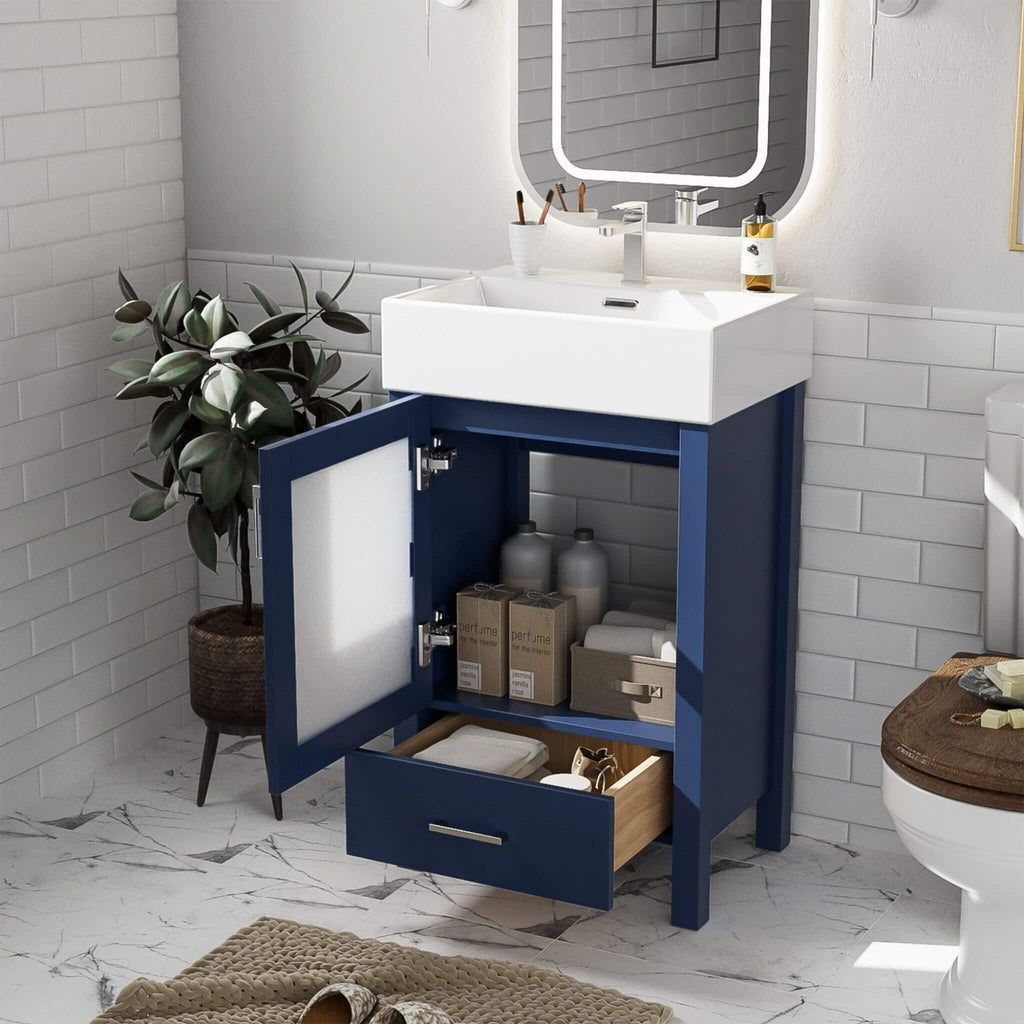 Alora 20-Inch Modern Blue Bathroom Vanity With Ceramic Sink And Storage Cabinet (SAK39851) - Saksby Wholesale - Open Doors Lifestyle Image