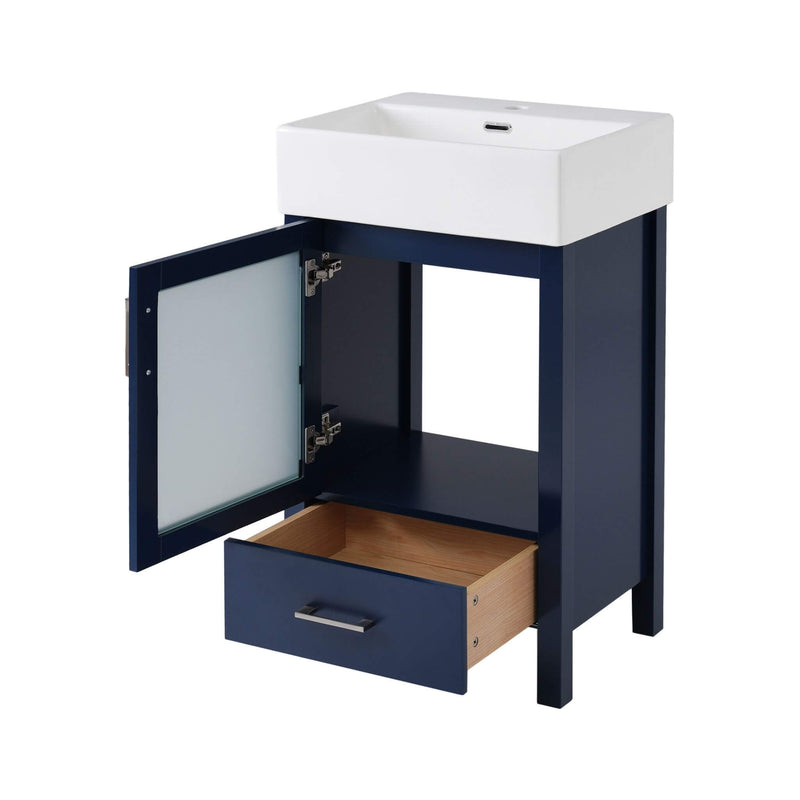 Alora 20-Inch Modern Blue Bathroom Vanity With Ceramic Sink And Storage Cabinet (SAK39851) - Saksby Wholesale - Open Storage View