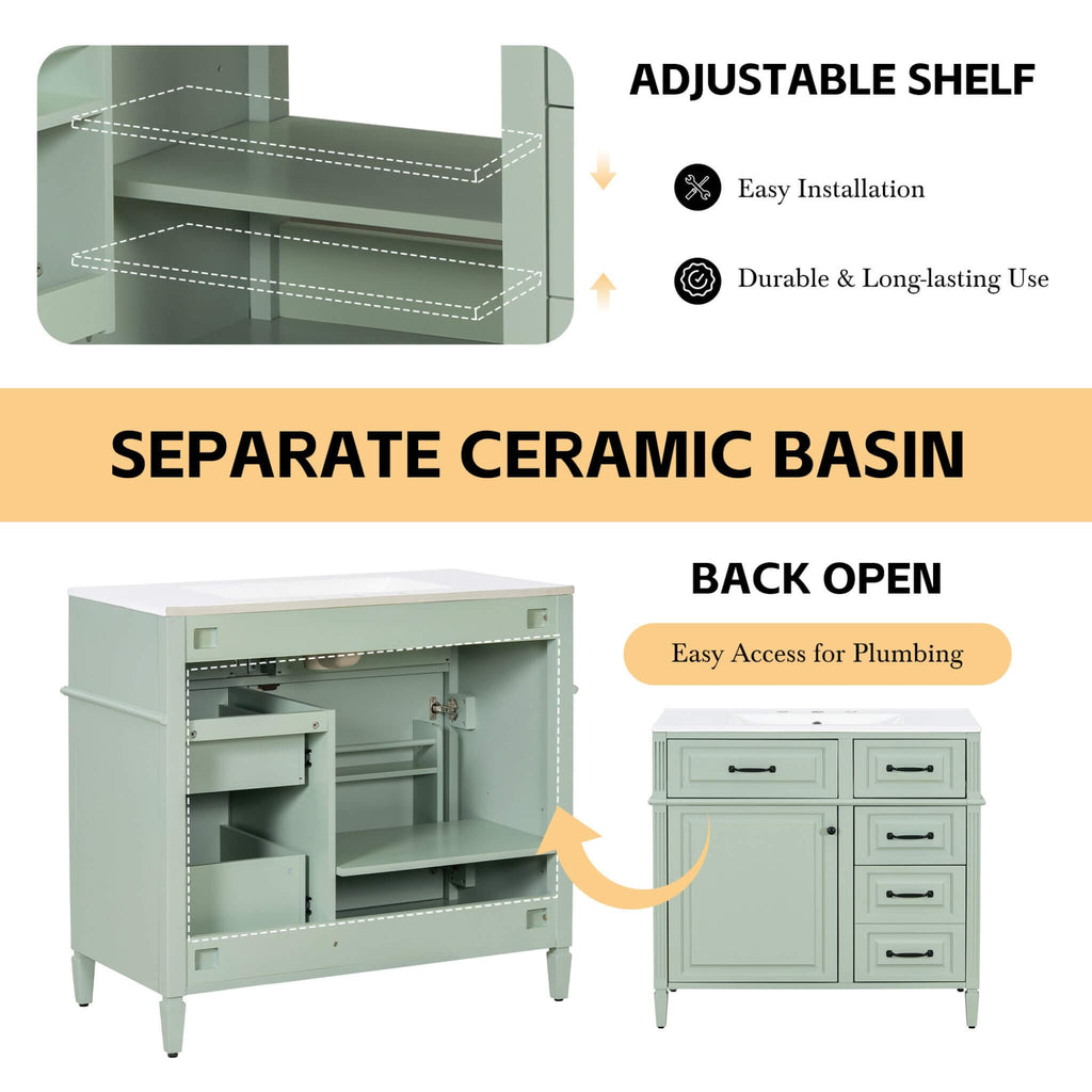 Alora 36-Inch Freestanding Bathroom Vanity With Ceramic Sink And Storage Cabinets [Faucet Not Included] (SAK86310) - Saksby Wholesale - Basin Features