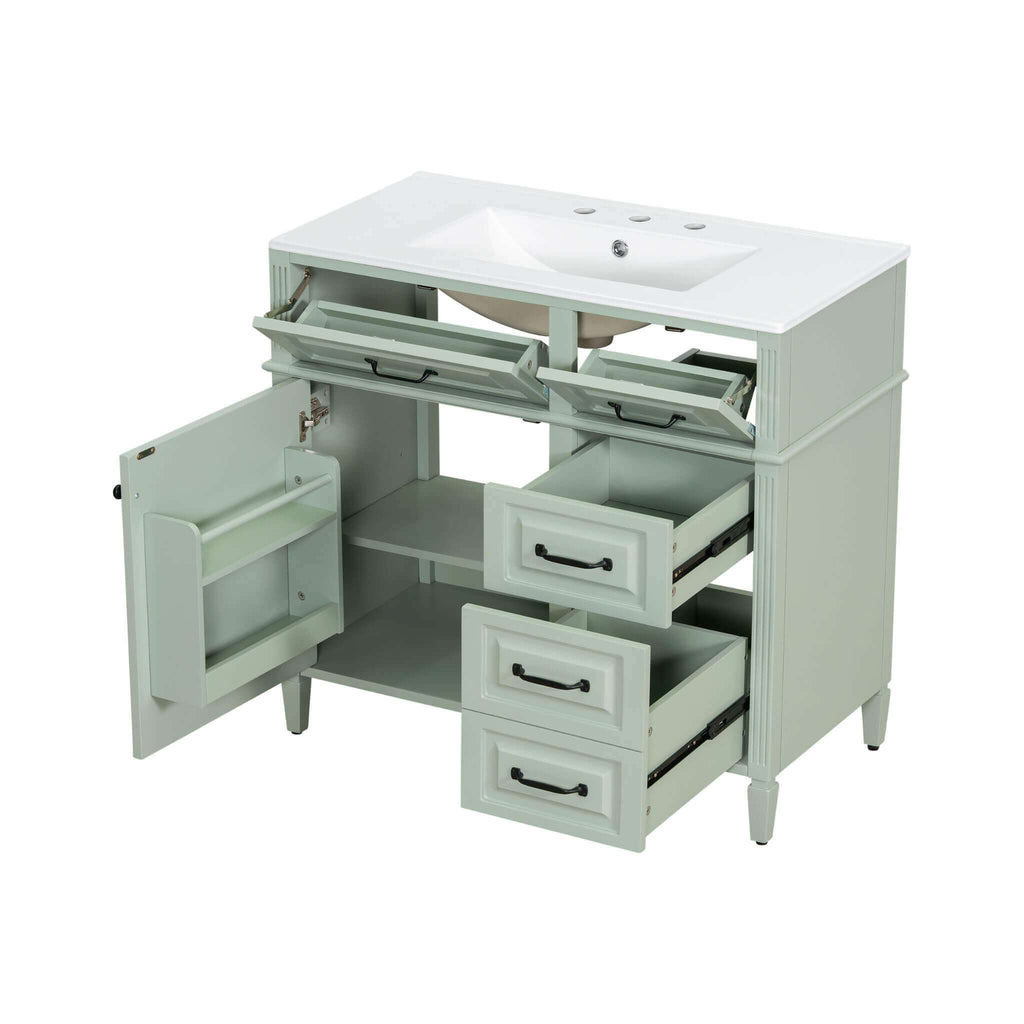 Alora 36-Inch Freestanding Bathroom Vanity With Ceramic Sink And Storage Cabinets [Faucet Not Included] (SAK86310) - Saksby Wholesale - Open Drawers View