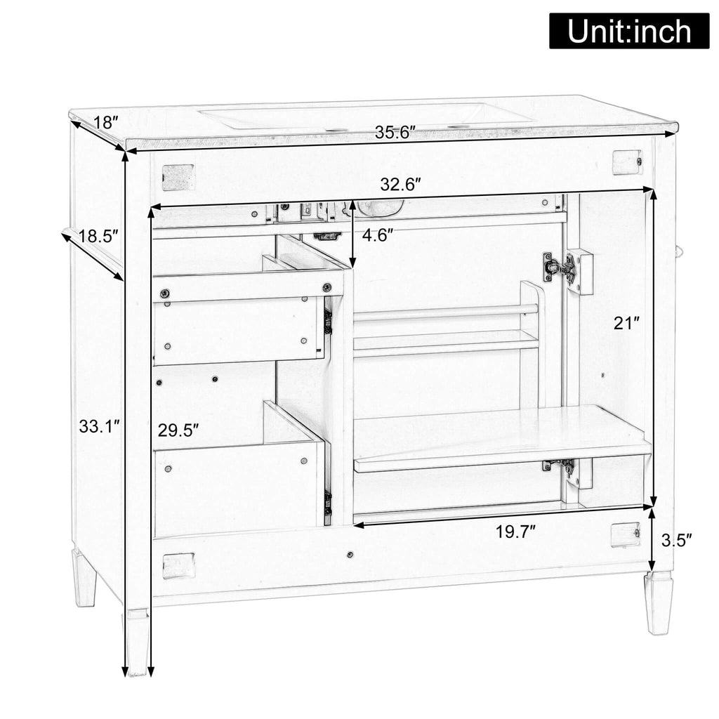 Alora 36-Inch Freestanding Bathroom Vanity With Ceramic Sink And Storage Cabinets [Faucet Not Included] (SAK86310) - Saksby Wholesale - Product Dimensions