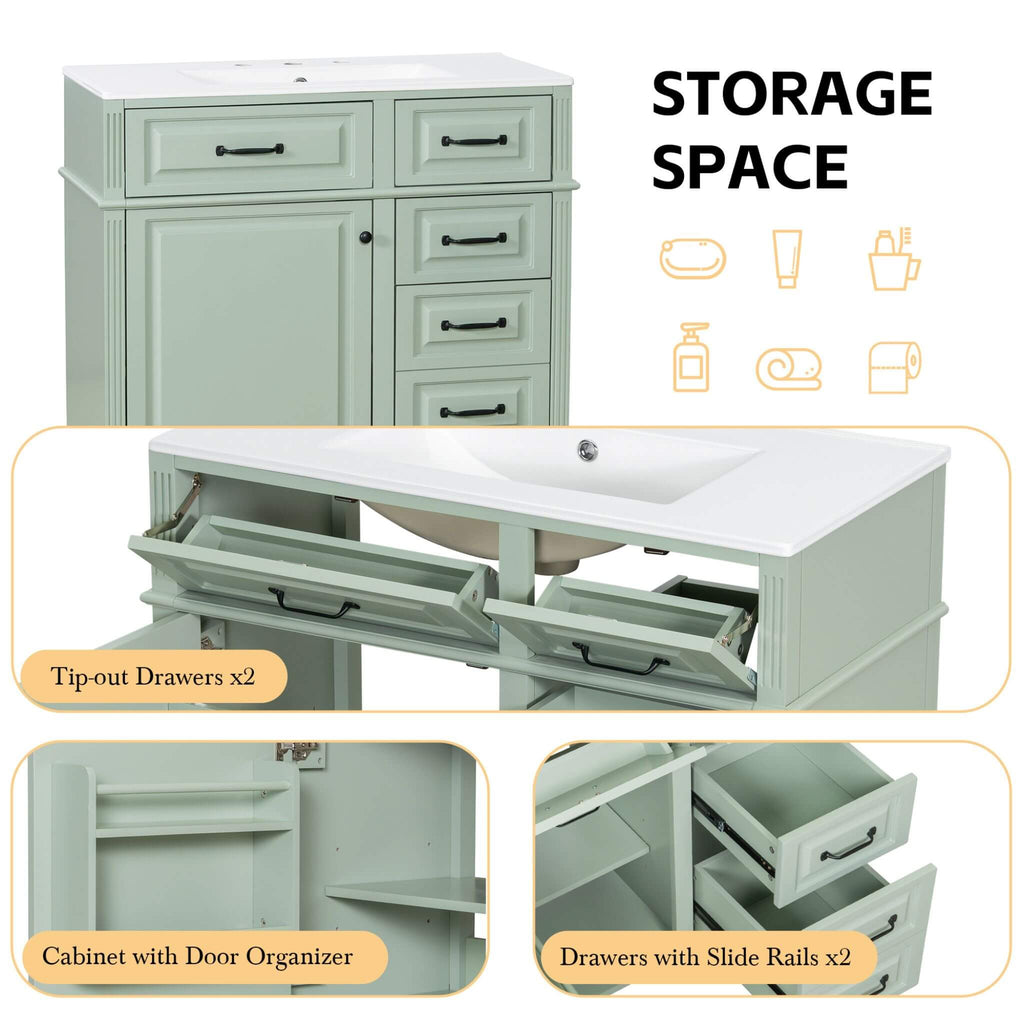 Alora 36-Inch Freestanding Bathroom Vanity With Ceramic Sink And Storage Cabinets [Faucet Not Included] (SAK86310) - Saksby Wholesale - Storage Space Details