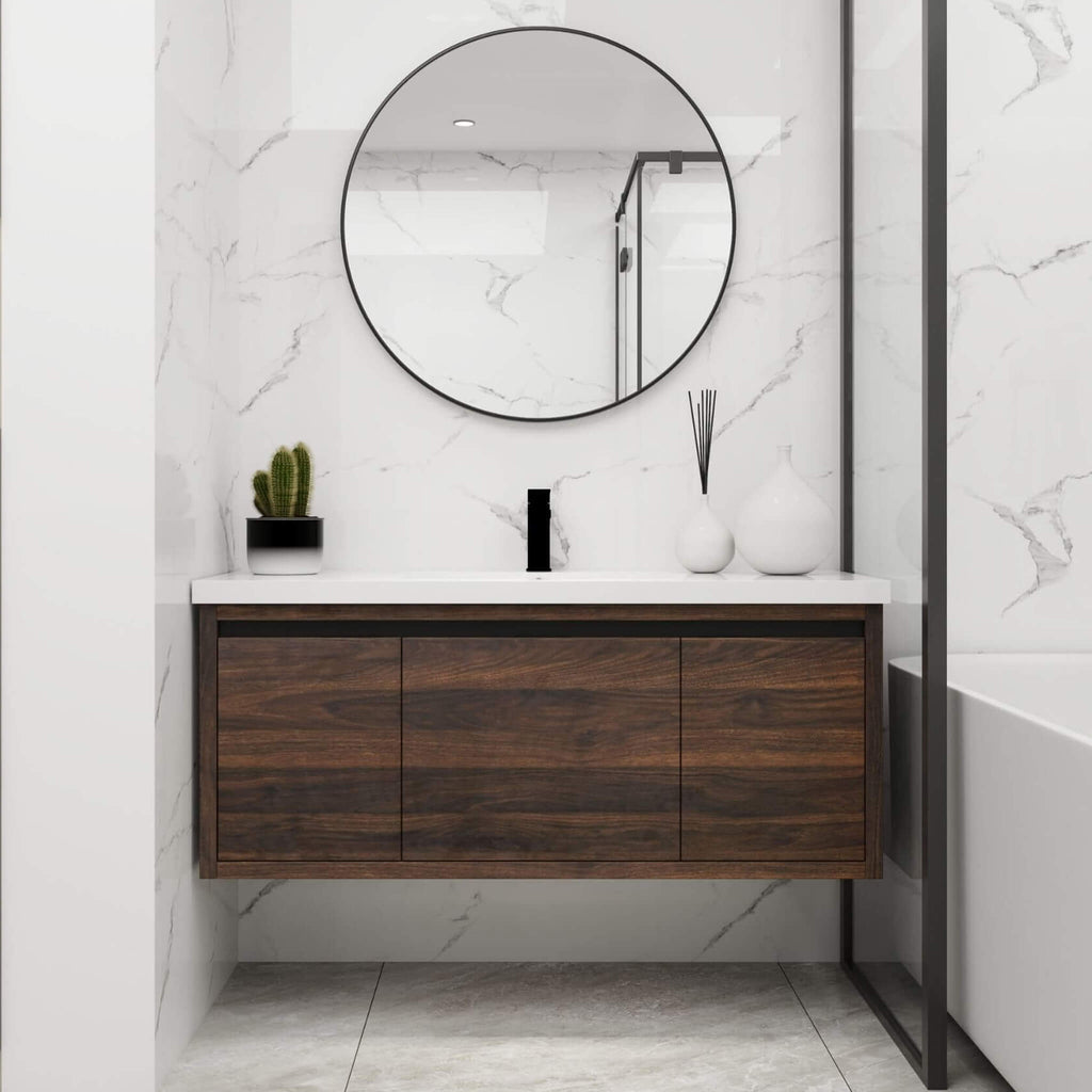 Alora 48-Inch Floating Walnut Bathroom Vanity With Resin Sink Soft Close Doors (SAK62941) - Saksby Wholesale - Bathroom Setup
