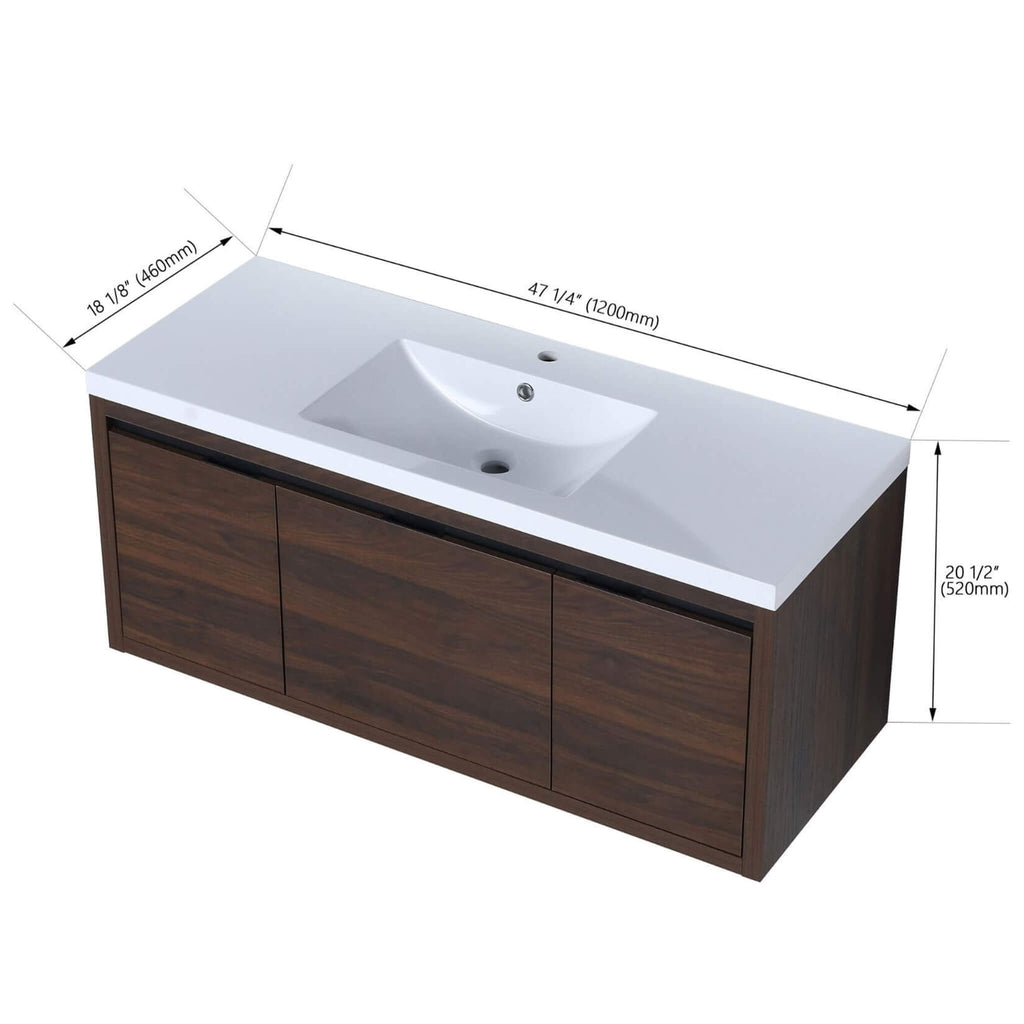 Alora 48-Inch Floating Walnut Bathroom Vanity With Resin Sink Soft Close Doors (SAK62941) - Saksby Wholesale - Dimensions