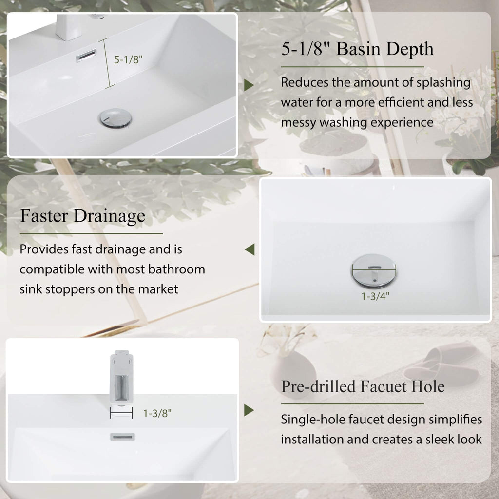 Alora 72-Inch White Freestanding Bathroom Vanity With Sink And Stone Resin Countertop (SAK31520) - Saksby Wholesale - Drainage Details