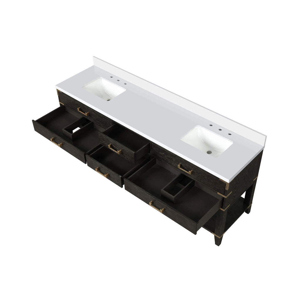 Alora 84-Inch Black Oak Double Bathroom Vanity With White Quartz Top (SAK43761) - Saksby Wholesale - Open Cabinet Top View