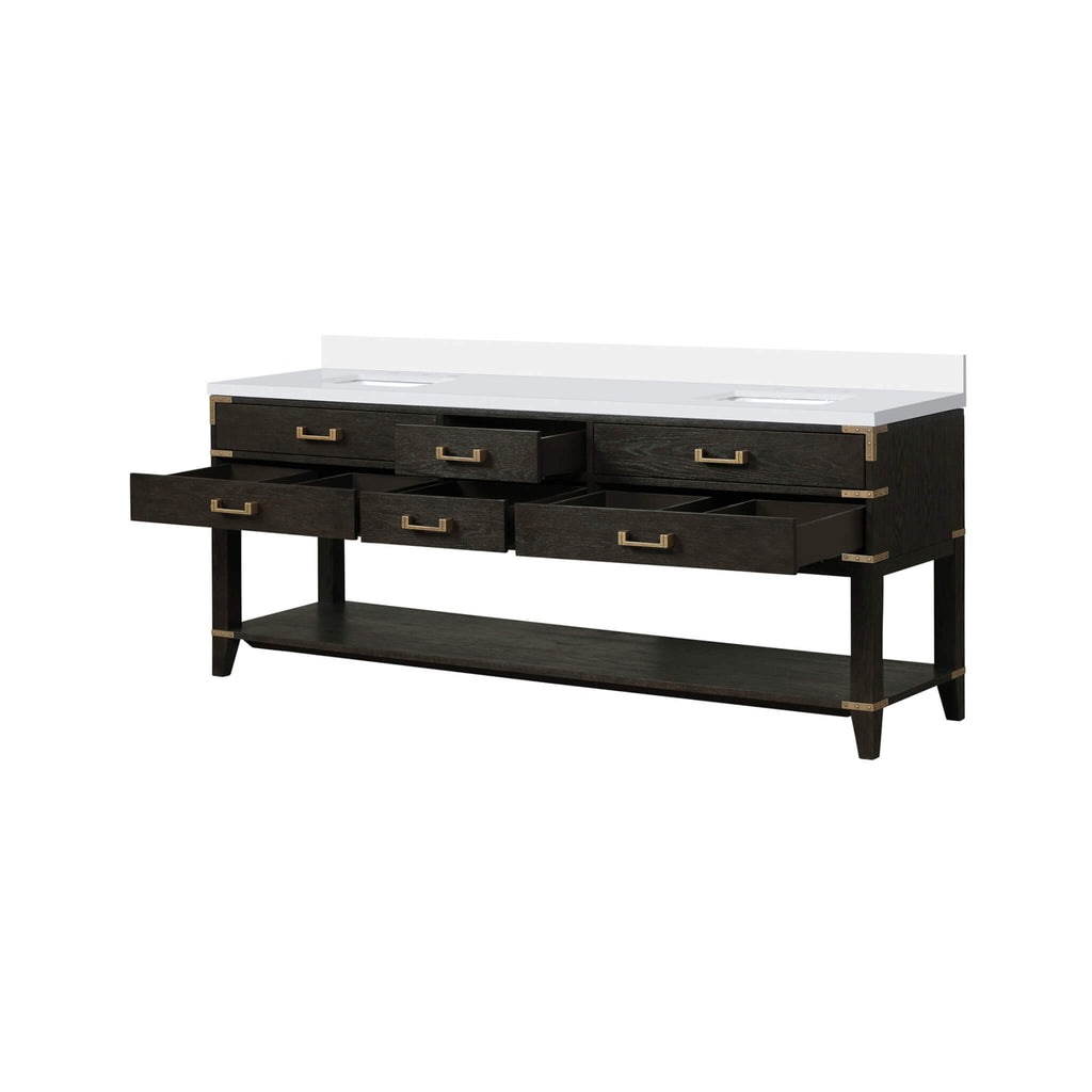 Alora 84-Inch Black Oak Double Bathroom Vanity With White Quartz Top (SAK43761) - Saksby Wholesale - Open Cabinet View