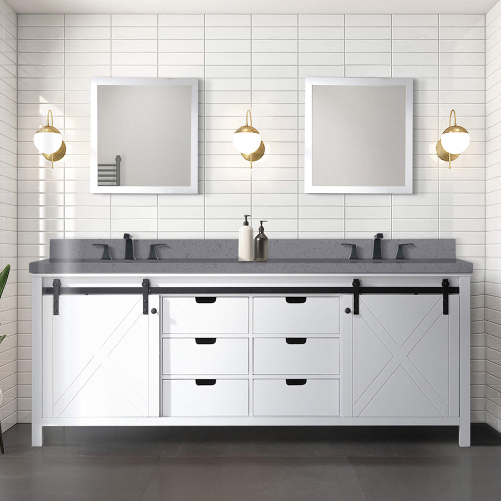 Alora 84-Inch White Double Bathroom Vanity With Gray Quartz Top And Faucet Set (SAK19470) - Saksby Wholesale - Front Lifestyle View