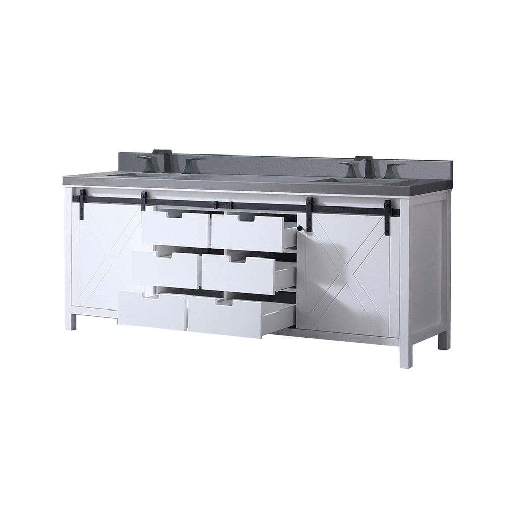 Alora 84-Inch White Double Bathroom Vanity With Gray Quartz Top And Faucet Set (SAK19470) - Saksby Wholesale - Front Left Open Cabinets View