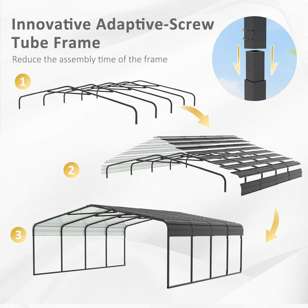 [20X20FT] Alora Heavy-Duty Extra-Large 2 Car Metal Carport Kit For Cars, Boats, And Trucks (SAK46135) - Saksby Wholesale - Diagram Showing The Assembly Process Of A Carport With An Innovative Adaptive Screw Tube Frame - Saksby Wholesale