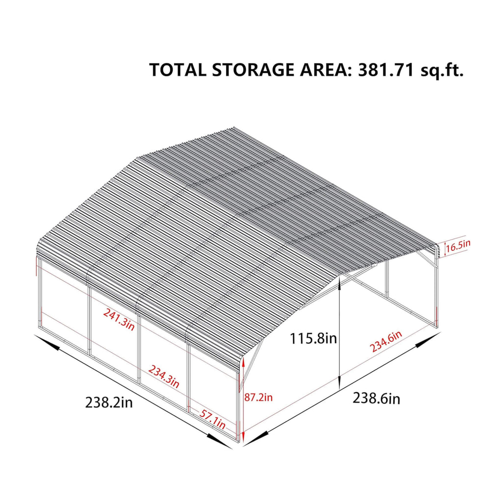 
[20X20FT] Alora Heavy-Duty Extra-Large 2 Car Metal Carport Kit For Cars, Boats, And Trucks (SAK46135) - Saksby Wholesale - -Diagram Of A Storage Shed With Dimensions Labeled On A White Background