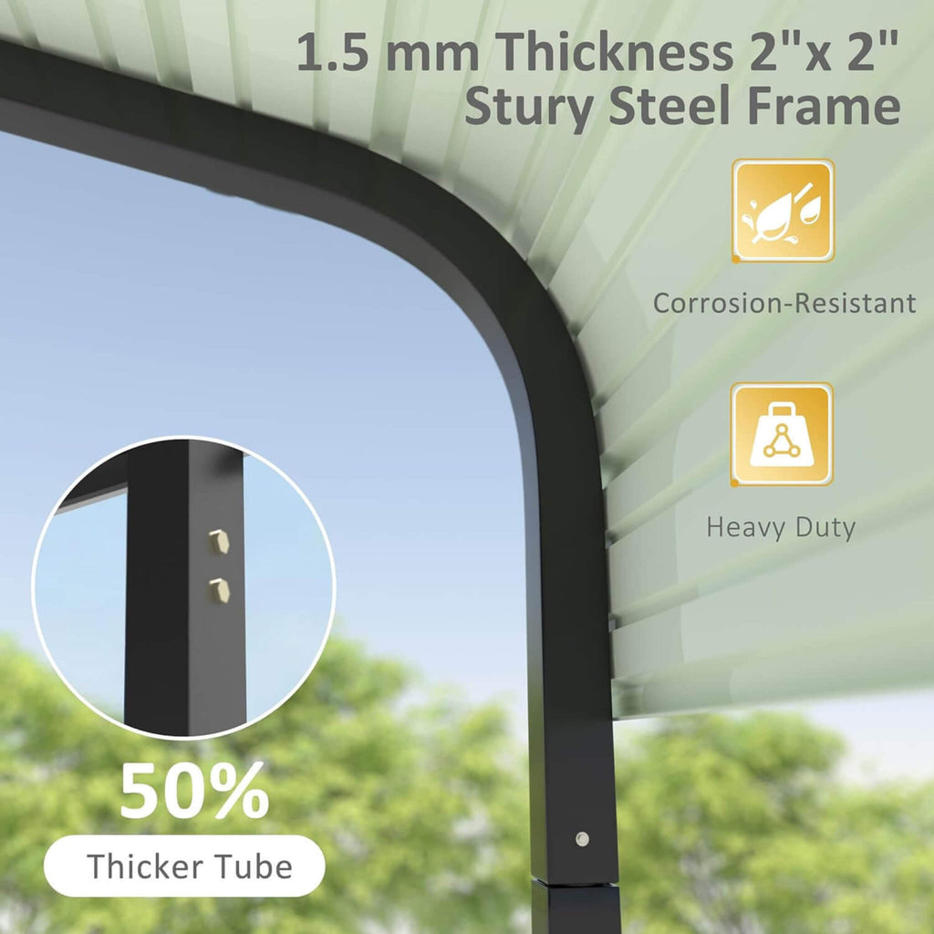 [20X20FT] Alora Heavy-Duty Extra-Large 2 Car Metal Carport Kit For Cars, Boats, And Trucks (SAK46135) - Saksby Wholesale - Sturdy Steel Frame With Text Highlighting Thickness, Material Properties, And Features