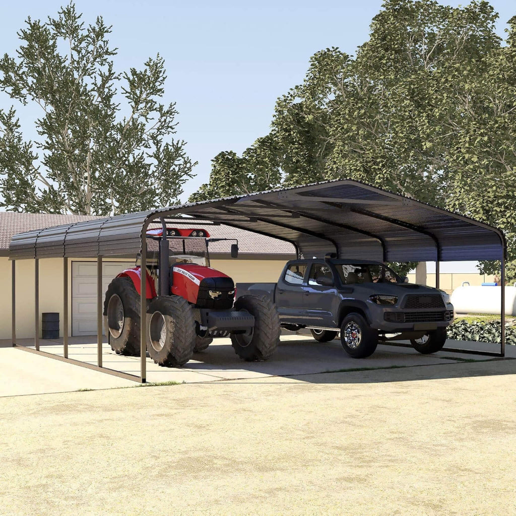 
[20X20FT] Alora Heavy-Duty Extra-Large 2 Car Metal Carport Kit For Cars, Boats, And Trucks (SAK46135) - Saksby Wholesale - Two Vehicles, A Red Tractor And A Black Truck, Parked Under A Metal Carport With Trees In The Background