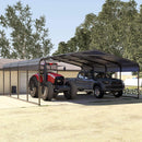 
[20X20FT] Alora Heavy-Duty Extra-Large 2 Car Metal Carport Kit For Cars, Boats, And Trucks (SAK46135) - Saksby Wholesale - Two Vehicles, A Red Tractor And A Black Truck, Parked Under A Metal Carport With Trees In The Background