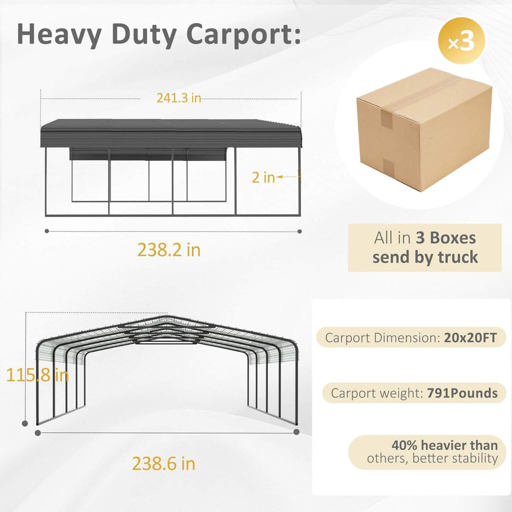 [20X20FT] Alora Heavy-Duty Extra-Large 2 Car Metal Carport Kit For Cars, Boats, And Trucks (SAK46135) - Saksby Wholesale -  Heavy-Duty Carport With Dimensions And Packaging Information On A White Background