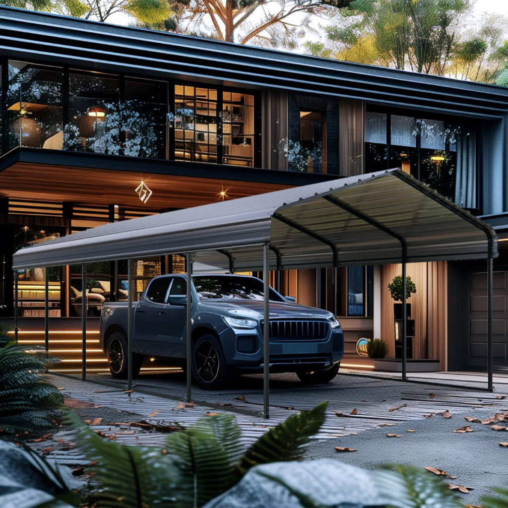 [12x25FT] Heavy Duty Extra Large Multi Vehicle Carport Kit With Galvanized Steel Roof (SAK37514)  - Saksby Wholesale - Car Front Right View