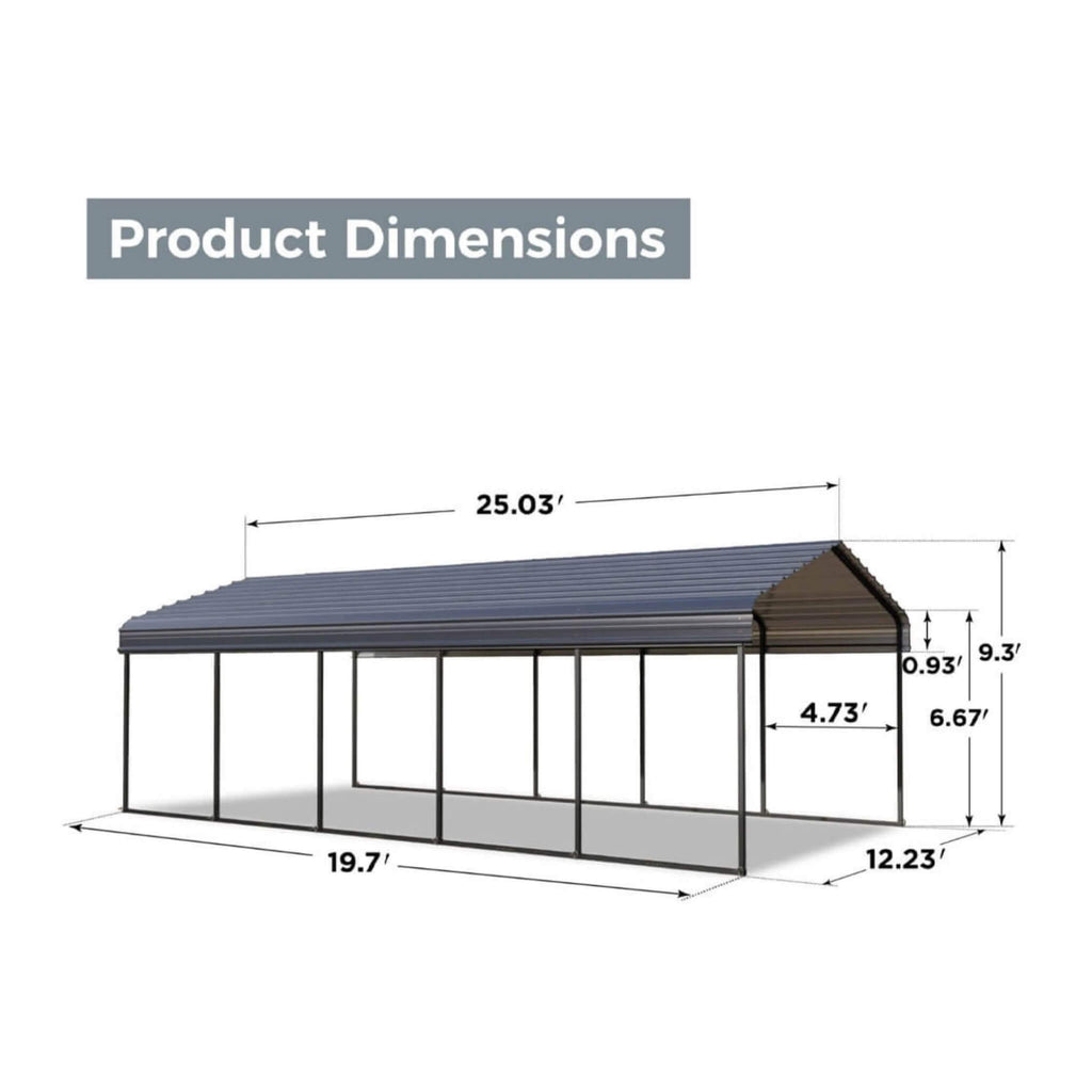 [12X25FT] Alora Heavy-Duty Extra-Large Multi Vehicle Carport Kit With Galvanized Steel Roof (SAK37514) - Saksby Wholesale - Dimensions View