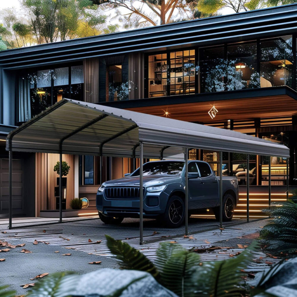 [12X25FT] Alora Heavy-Duty Extra-Large Multi Vehicle Carport Kit With Galvanized Steel Roof (SAK37514) - Saksby Wholesale - Outdoor View With Car