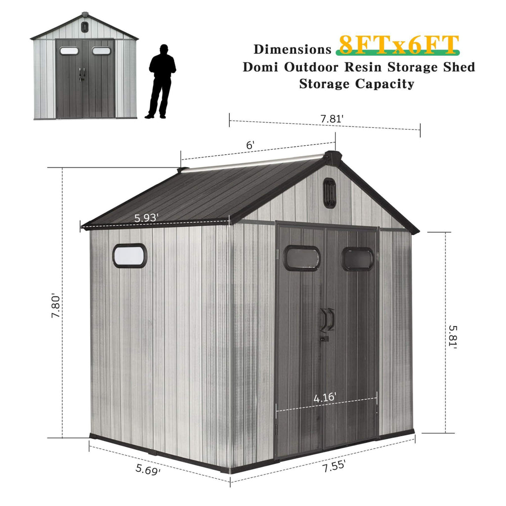 Alora Heavy-Duty Outdoor All-Weather Resin Storage Shed With Lockable Doors, Windows, And Vents (SAK39874) - Saksby Wholesale - Dimension View