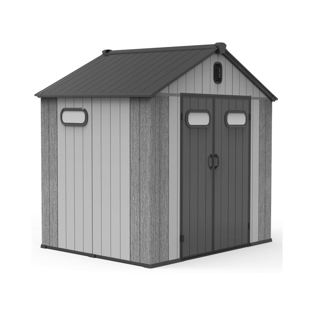 Alora Heavy-Duty Outdoor All-Weather Resin Storage Shed With Lockable Doors, Windows, And Vents (SAK39874) - Saksby Wholesale - Front Left View