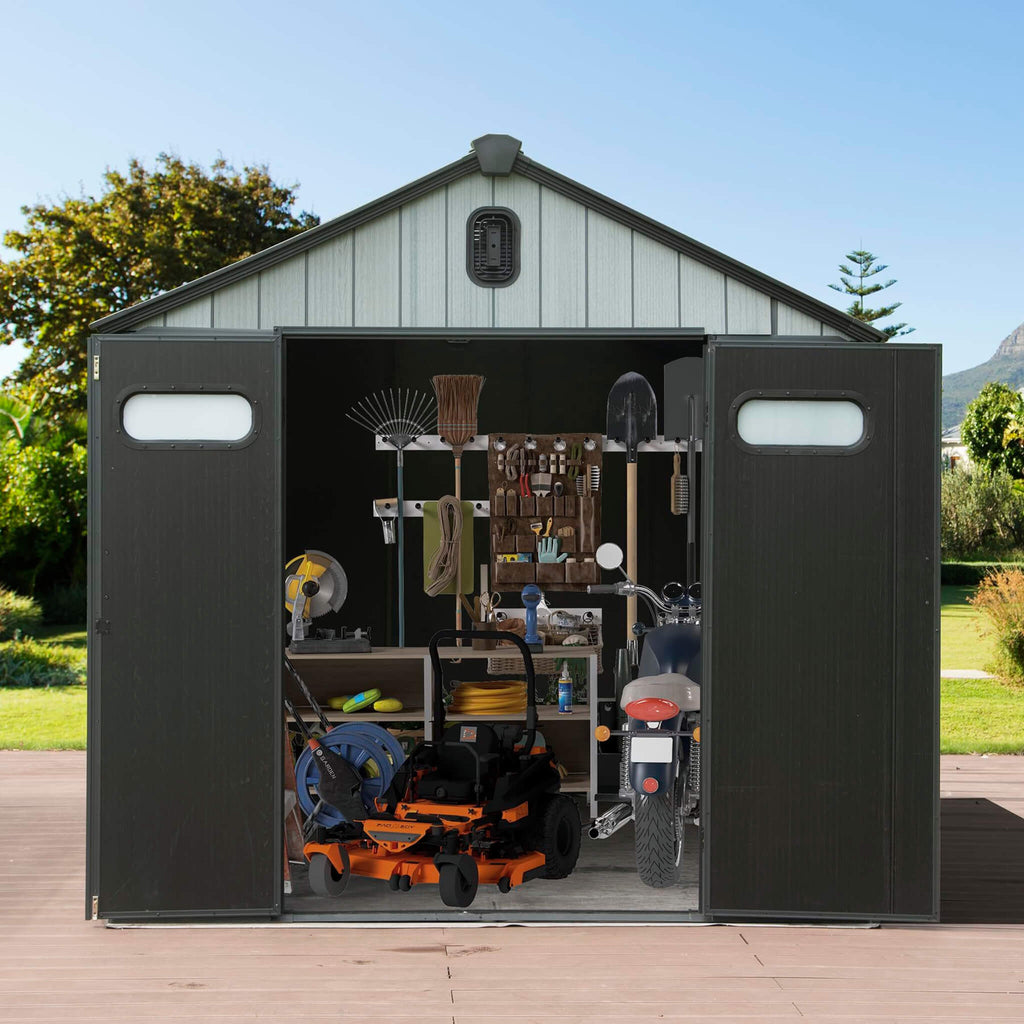 Alora Heavy-Duty Outdoor All-Weather Resin Storage Shed With Lockable Doors, Windows, And Vents (SAK39874) - Saksby Wholesale - Front Open Door View