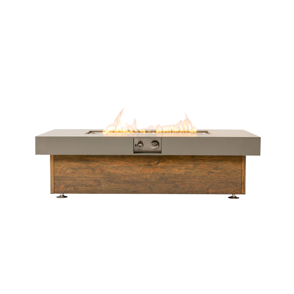 Alora Luxury 48-Inch Outdoor Wood Grain Iron Fire Pit Table With Lava Rocks (SAK37905) - Saksby Wholesale - Fire and Side View