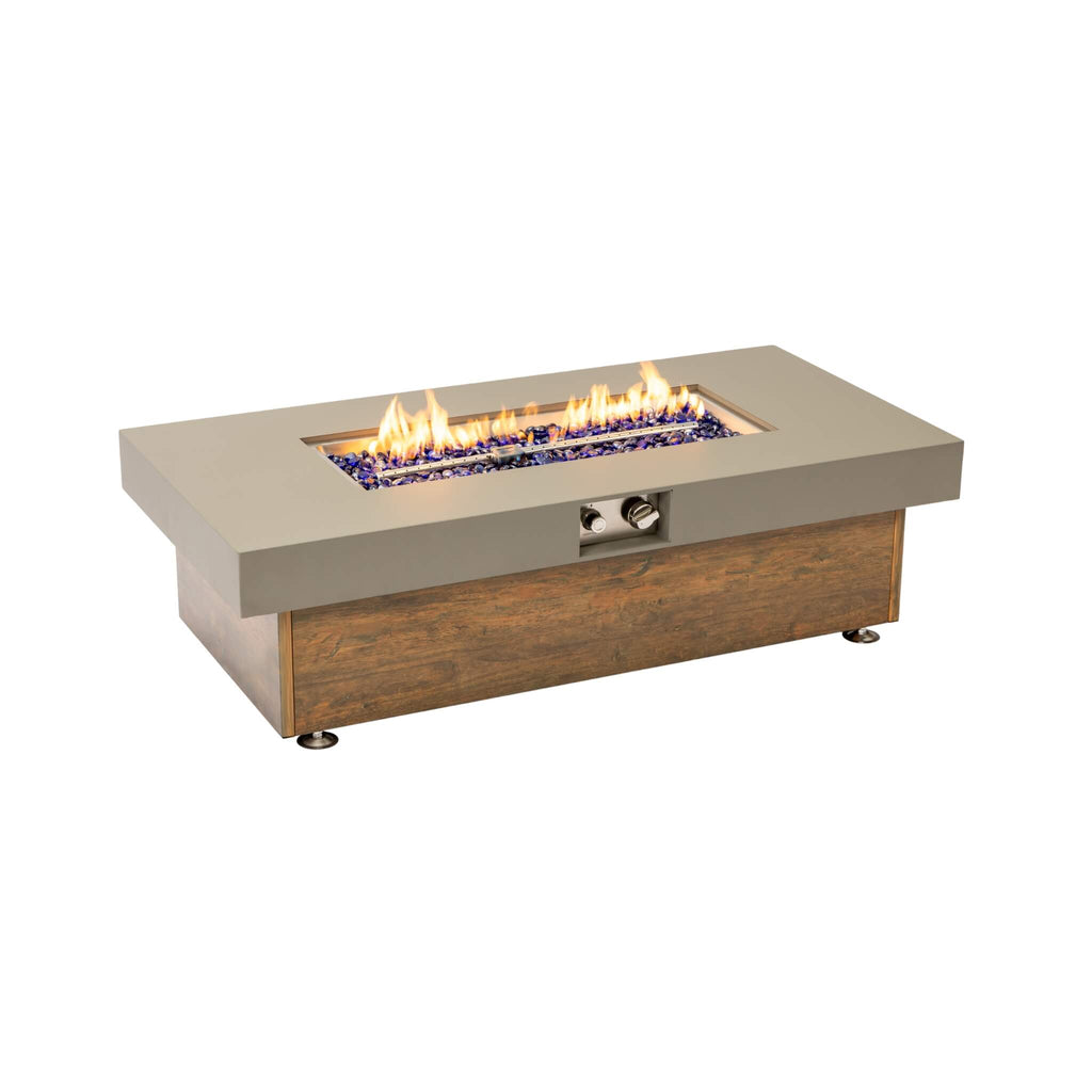 Alora Luxury 48-Inch Outdoor Wood Grain Iron Fire Pit Table With Lava Rocks (SAK37905) - Saksby Wholesale - Front Right View