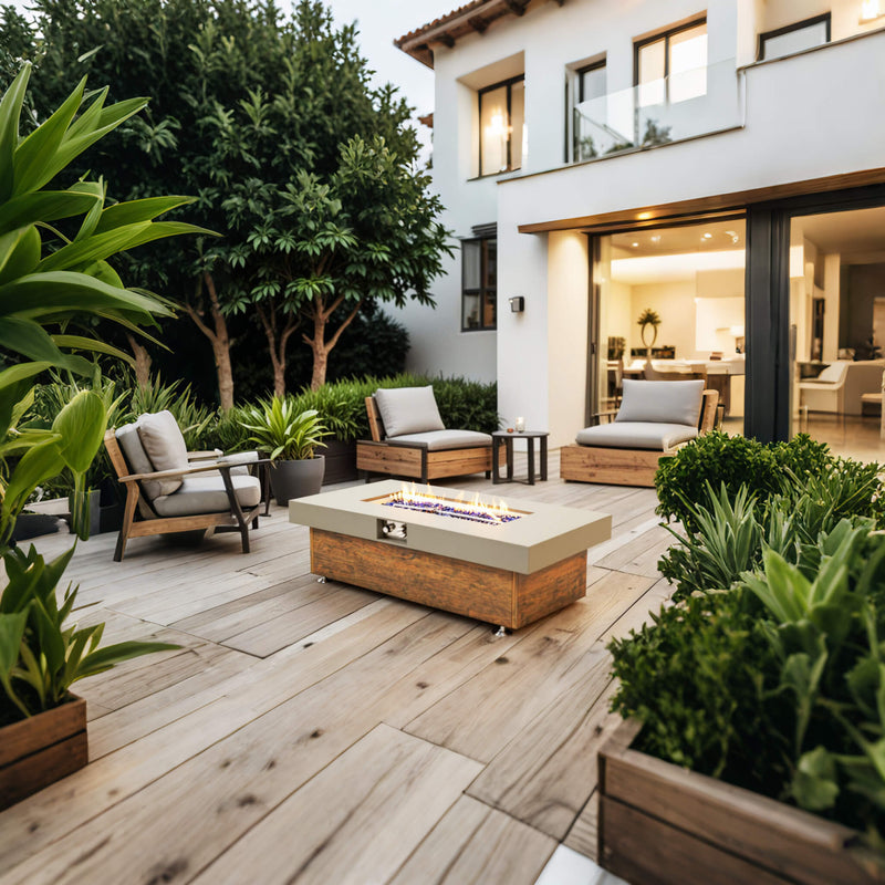 Alora Luxury 48-Inch Outdoor Wood Grain Iron Fire Pit Table With Lava Rocks (SAK37905) - Saksby Wholesale - Outdoor View