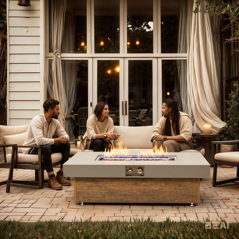 Alora Luxury 48-Inch Outdoor Wood Grain Iron Fire Pit Table With Lava Rocks (SAK37905) - Saksby Wholesale - With People View