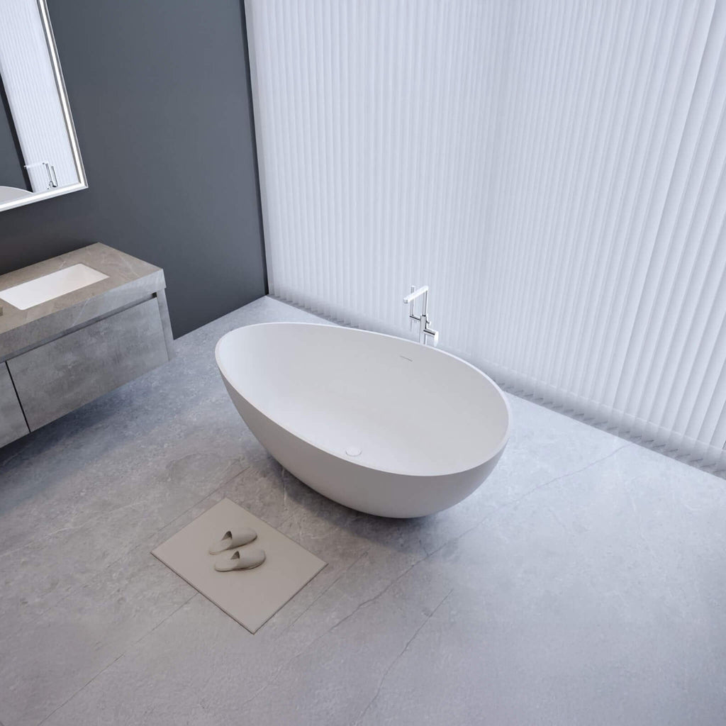 Alora Luxury 63-Inch Matte White Freestanding Soaking Bathtub With Overflow And Pop-Up Drain (SAK56140) - Saksby Wholesale - Top View Lifestyle Image