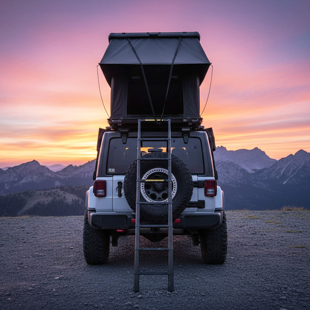 Aluminum 2-3 People Hard Shell Rooftop Tent With Tri-Color LED Lighting And Memory Foam Mattress (SAK57409) - Saksby Wholesale - Lifestyle Front View On SUV Dusk