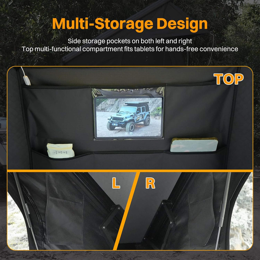 Aluminum 2-3 People Hard Shell Rooftop Tent With Tri-Color LED Lighting And Memory Foam Mattress (SAK57409) - Saksby Wholesale - Multi-Storage Design