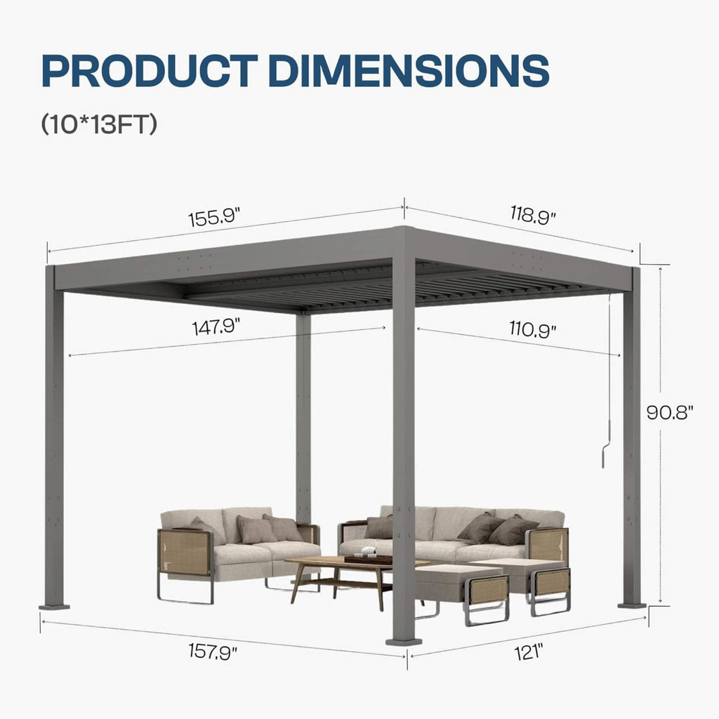 Aluminum Louvered Pergola Kit With Adjustable Roof & Drainage (SAK94316) - Saksby Wholesale - 10X13FT Dimensions