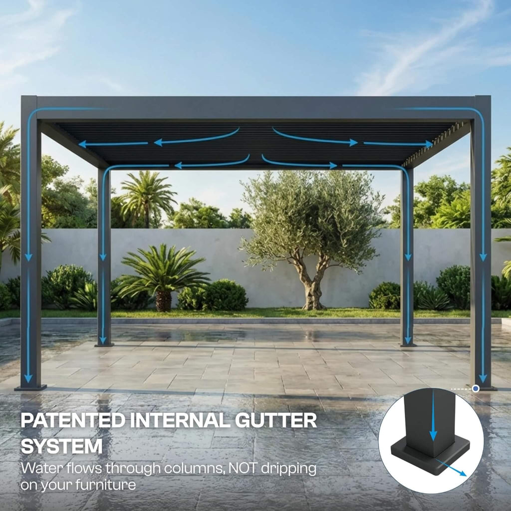 Aluminum Louvered Pergola Kit With Adjustable Roof & Drainage (SAK94316) - Saksby Wholesale - Gutter System View