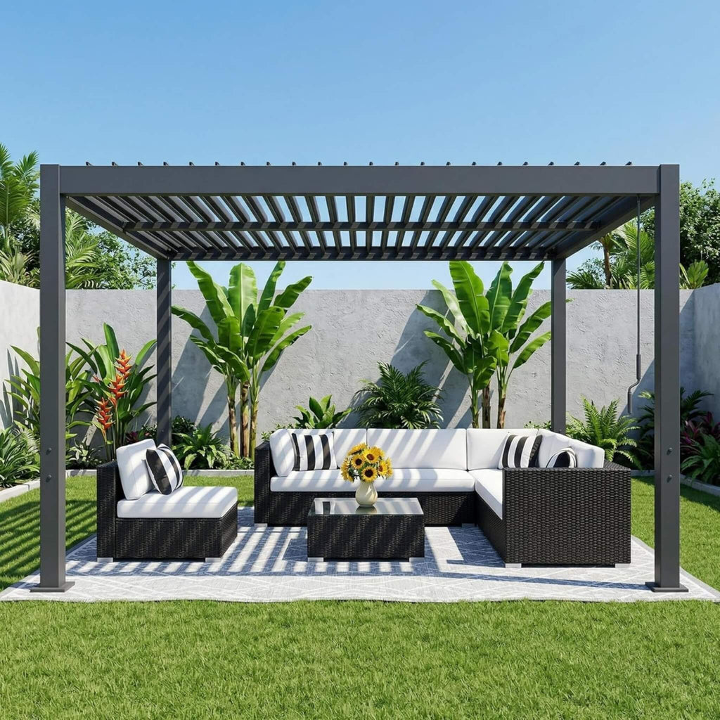 Aluminum Louvered Pergola Kit With Adjustable Roof & Drainage (SAK94316) - Saksby Wholesale - Lifestyle Image In Outdoor Setup