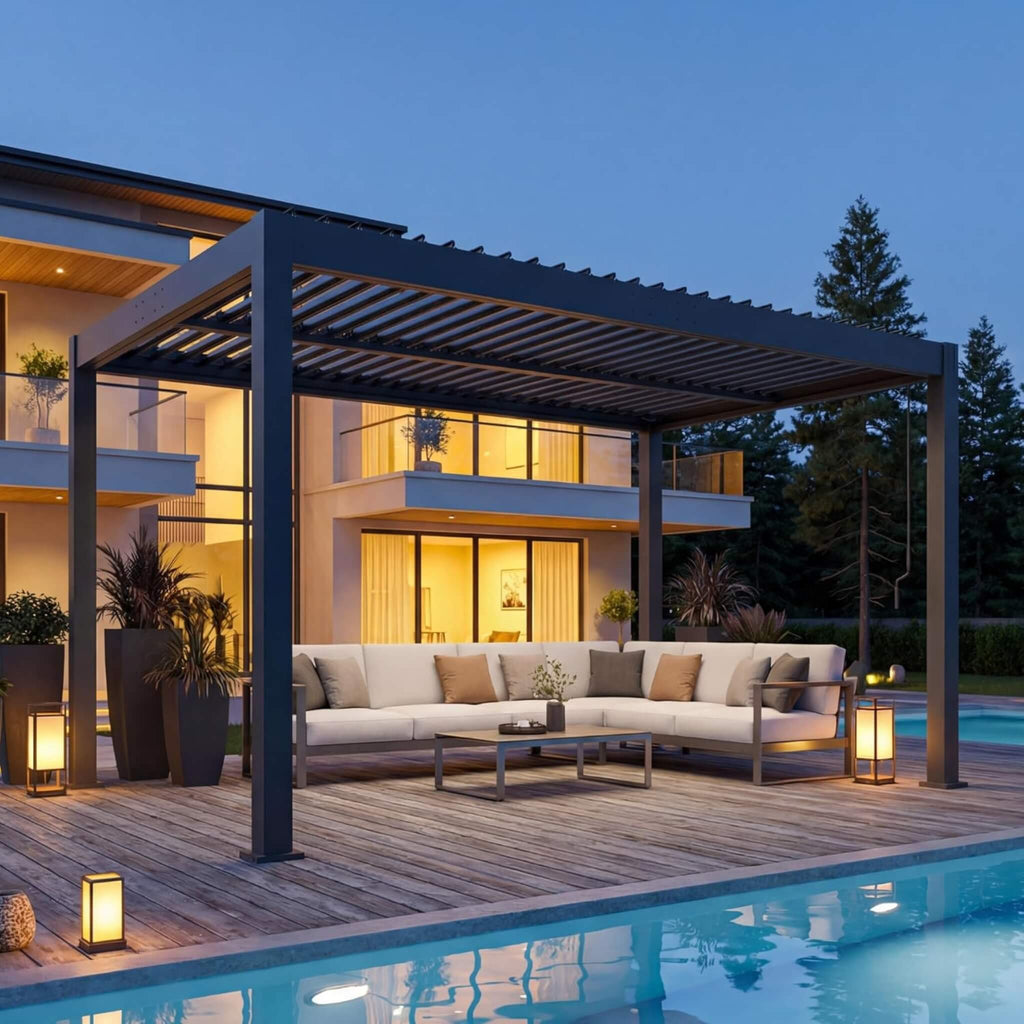 Aluminum Louvered Pergola Kit With Adjustable Roof & Drainage (SAK94316) - Saksby Wholesale - Poolside In Lifestyle Image