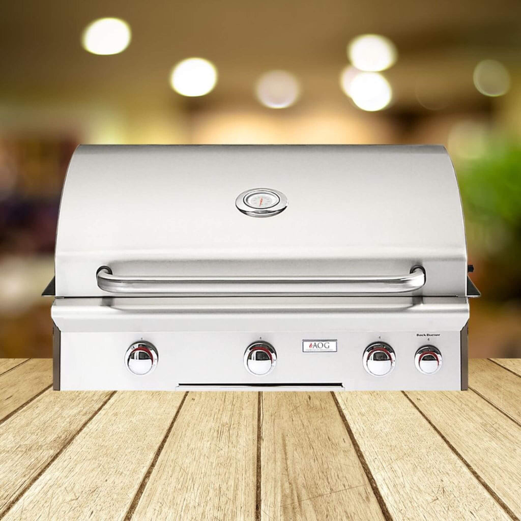 American Outdoor Grill 30NBL L-Series 3-Burner Built-In Natural Gas Grill W/ Rotisserie Kit, 30" [30NBL] (SAK57636) - Saksby Wholesale - Front View on Wood